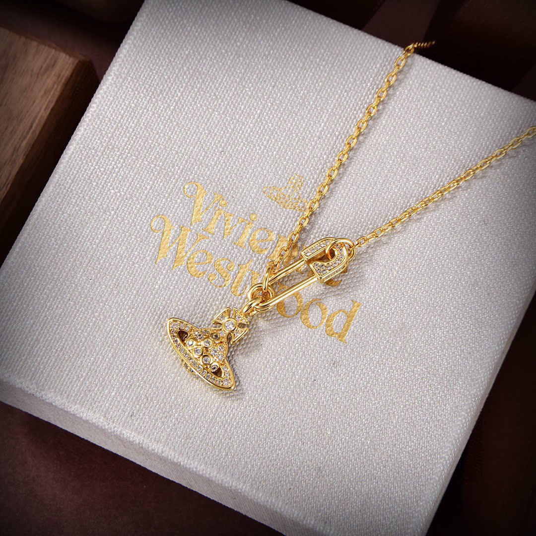Vivienne Westwood Gold Tone Safety Pin & Hat Pendant Necklace